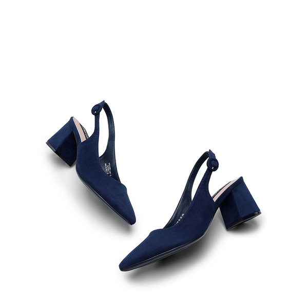 Pointed Toe Slingback Block Heel Pumps - NAVY - 4