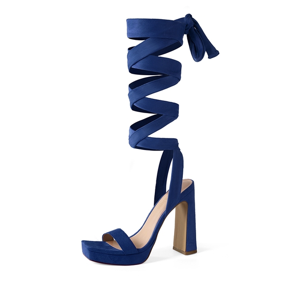Chunky High Heel Strappy Platform Sandals - ROYAL BLUE SUEDE -  0