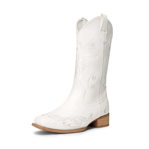  Square Toe Embroidered Cowboy Boots - WHITE -  0