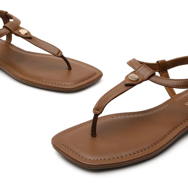 T-Strap Thong Flat Sandals With Silk Ribbon - BROWN - 3