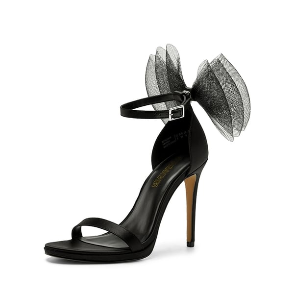 Silky Bow Ankle Strap High Stiletto Heel Sandals - BLACK -  0