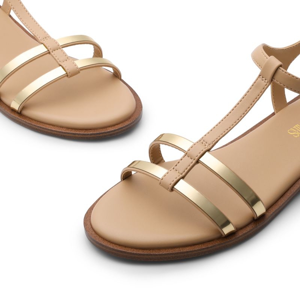 Metal Buckle Gladiator T-Strap Flat Sandals - NUDE - 4
