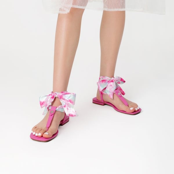 T-Strap Thong Flat Sandals With Silk Ribbon - HOT PINK - 2