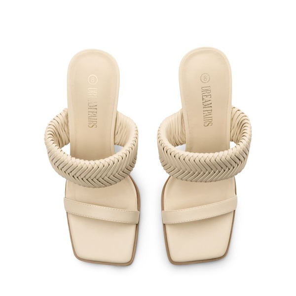  Ankle Strap Rectangular Square Toe Heel Sandals - BEIGE - 4