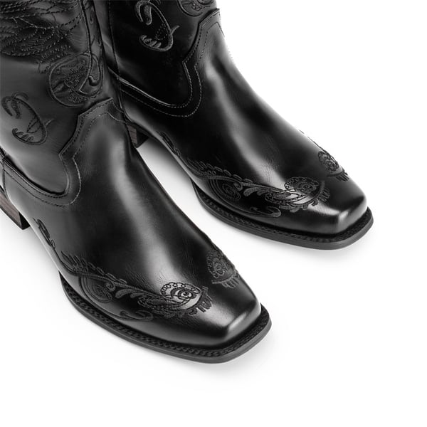  Square Toe Embroidered Cowboy Boots - BLACK - 3
