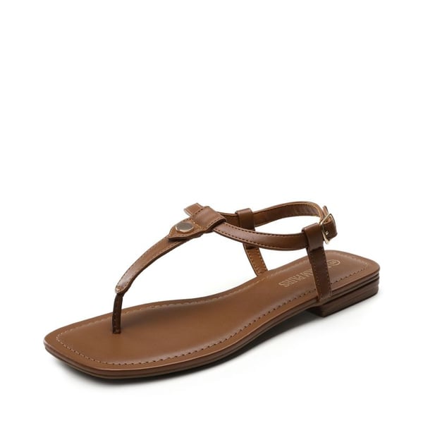 T-Strap Thong Flat Sandals With Silk Ribbon - BROWN -  0