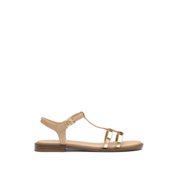 Metal Buckle Gladiator T-Strap Flat Sandals - NUDE - 2