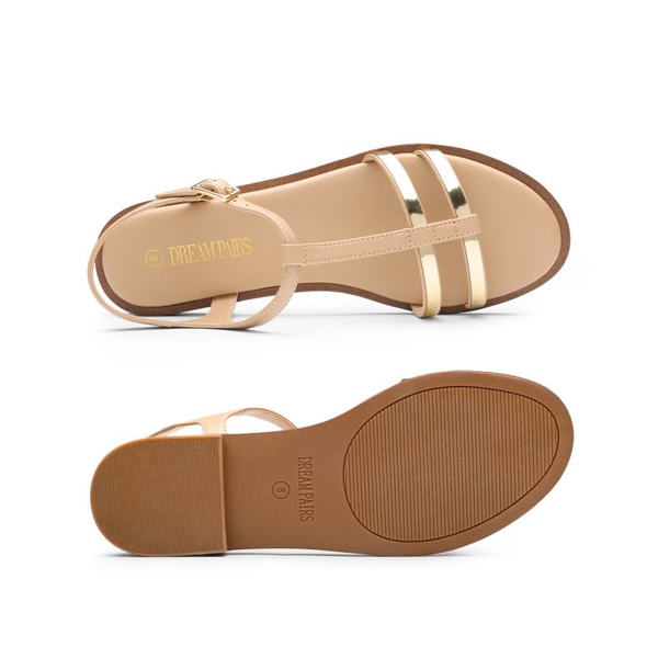 Metal Buckle Gladiator T-Strap Flat Sandals - NUDE - 3