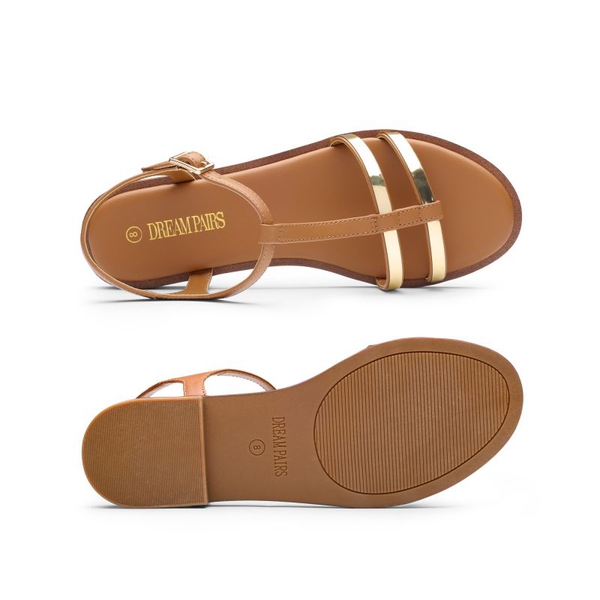 Metal Buckle Gladiator T-Strap Flat Sandals - BROWN - 3