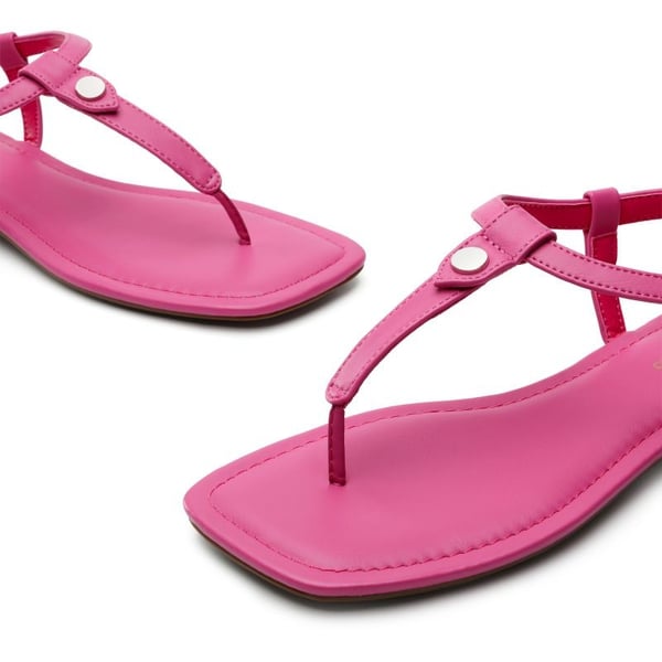 T-Strap Thong Flat Sandals With Silk Ribbon - HOT PINK - 4