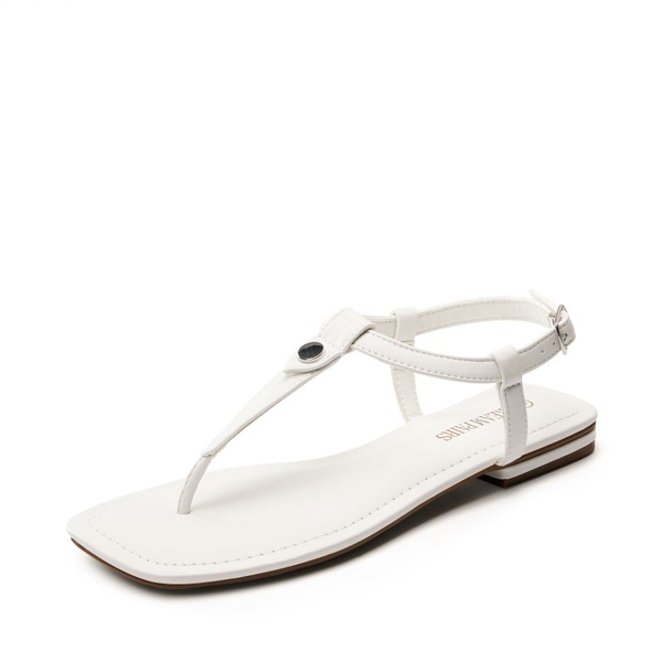 T-Strap Thong Flat Sandals With Silk Ribbon - WHITE -  0