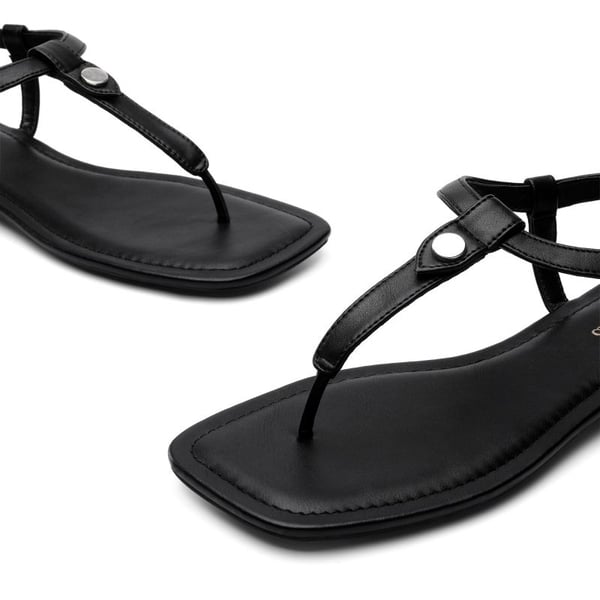 T-Strap Thong Flat Sandals With Silk Ribbon - BLACK - 3