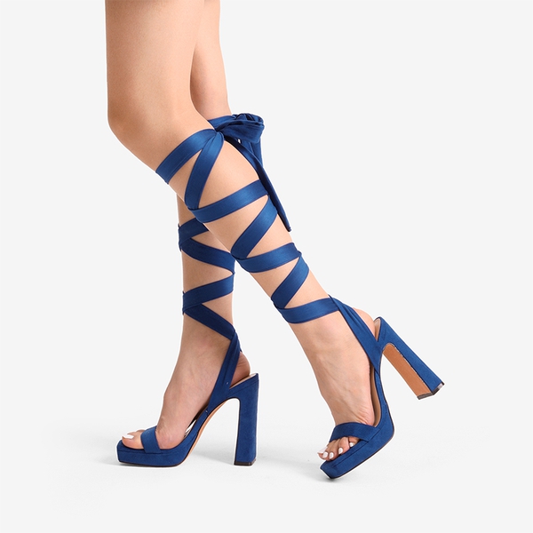 Chunky High Heel Strappy Platform Sandals - ROYAL BLUE SUEDE - 1