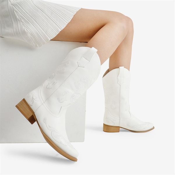  Square Toe Embroidered Cowboy Boots - WHITE - 1