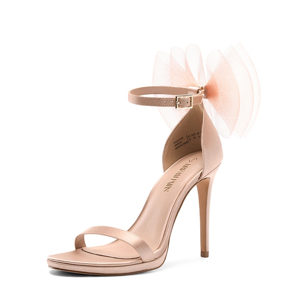 Silky Bow Ankle Strap High Stiletto Heel Sandals - NUDE -  0