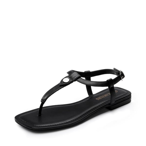 T-Strap Thong Flat Sandals With Silk Ribbon - BLACK -  0