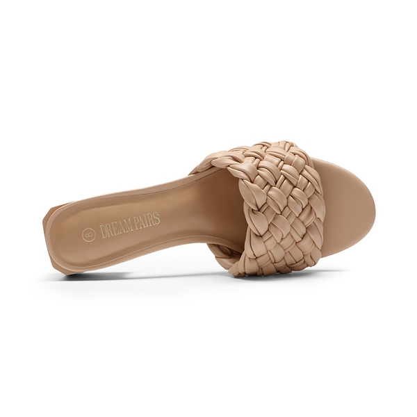 Braided Low Block Heel Slides Sandals - NUDE - 4