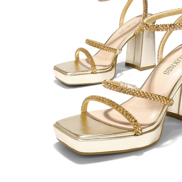 Strappy Chunky Heel Platform Rhinestone Sandals  - GOLD - 4