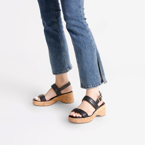 Buckle Strap Platform Wedge Sandals - BLACK PU - 1