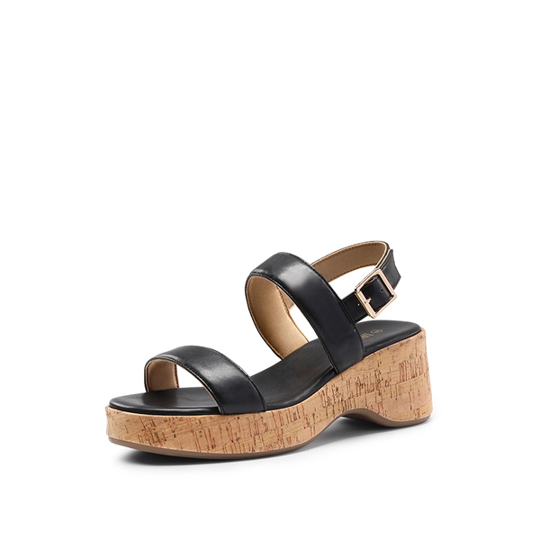 Buckle Strap Platform Wedge Sandals - BLACK PU -  0