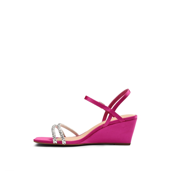  Square Toe Rhinestone Wedge Sandals - HOT PINK SATIN - 2