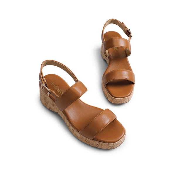 Buckle Strap Platform Wedge Sandals - BROWN PU - 4