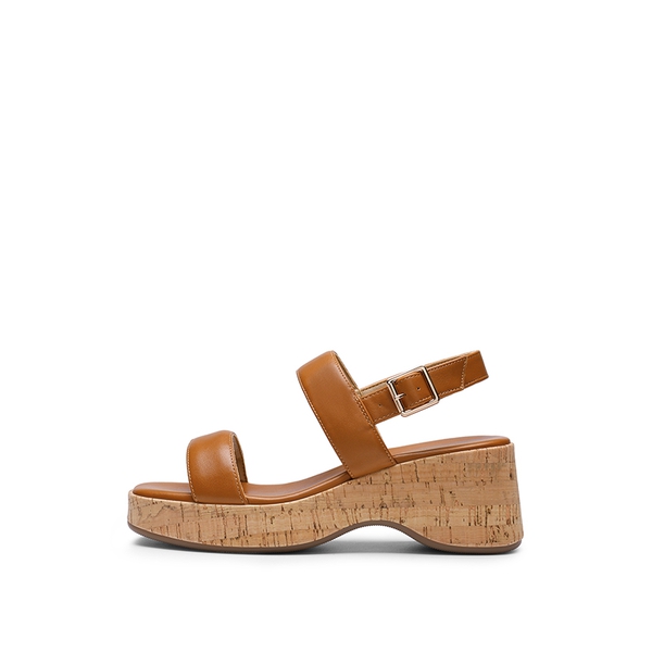 Buckle Strap Platform Wedge Sandals - BROWN PU - 2