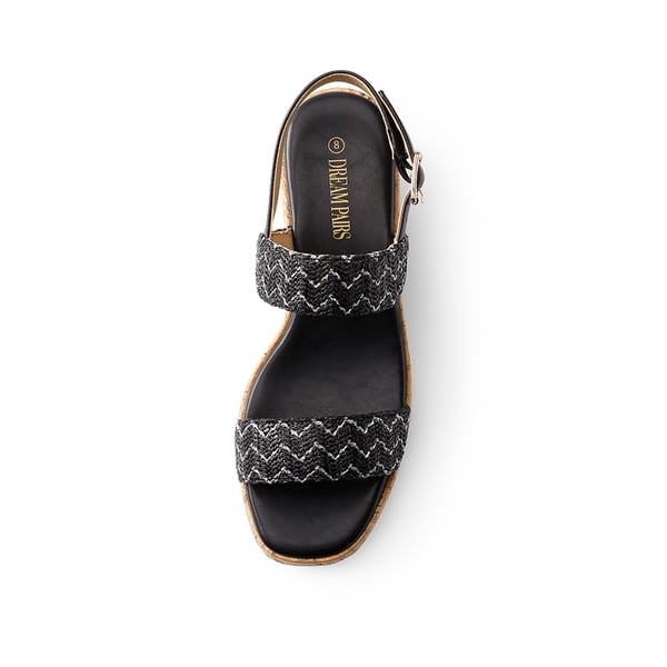 Buckle Strap Platform Wedge Sandals - BLACK RAFFIA - 3
