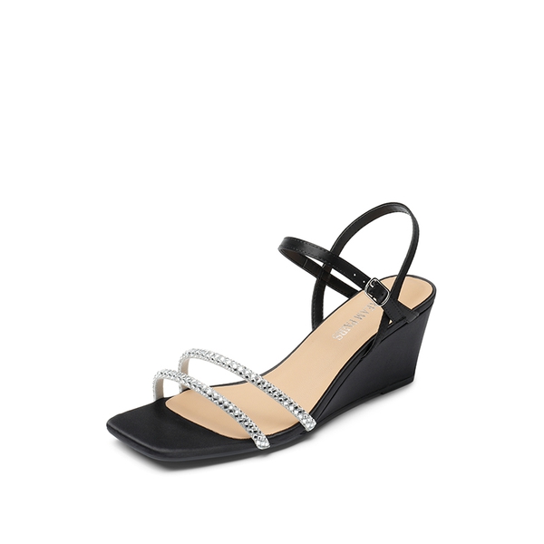  Square Toe Rhinestone Wedge Sandals - BLACK SATIN -  0
