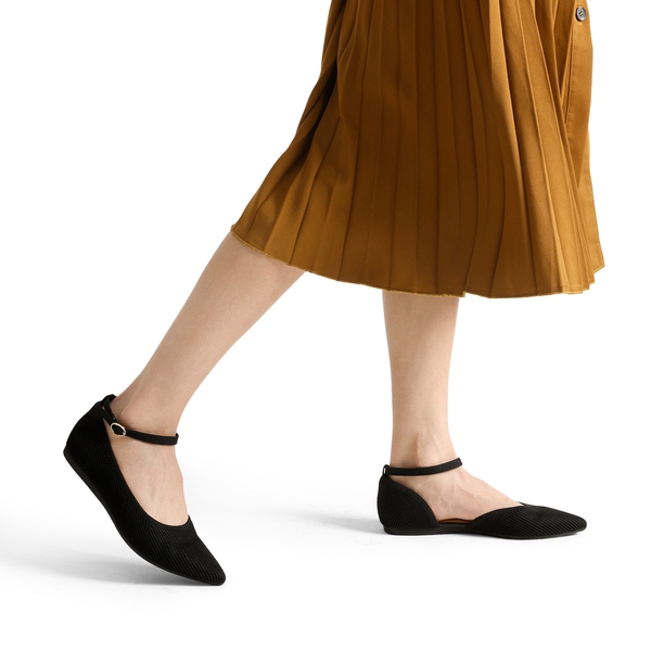 Knit Pointed Toe Ankle Strap Flats - BLACK - 1