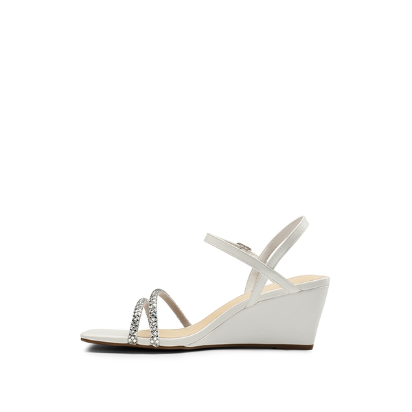  Square Toe Rhinestone Wedge Sandals - WHITE PU - 2