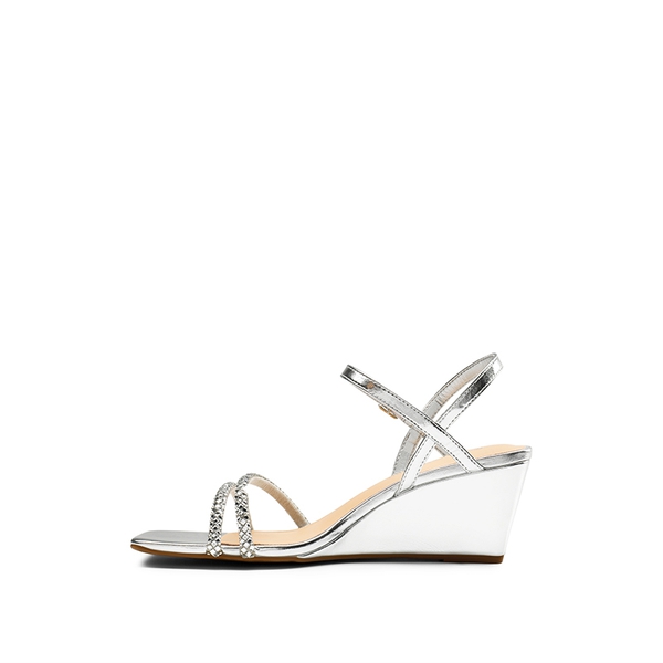  Square Toe Rhinestone Wedge Sandals - SILVER PU - 2