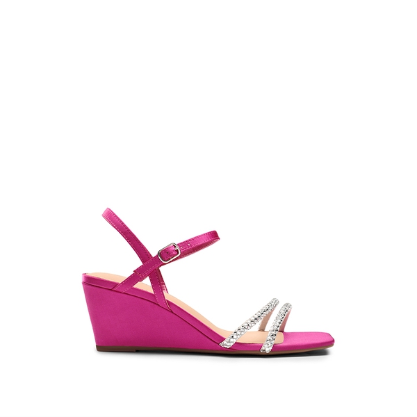  Square Toe Rhinestone Wedge Sandals - HOT PINK SATIN - 1