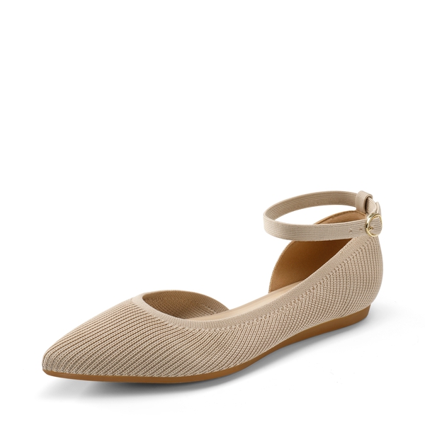 Knit Pointed Toe Ankle Strap Flats - NUDE -  0