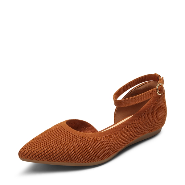 Knit Pointed Toe Ankle Strap Flats - TAN -  0