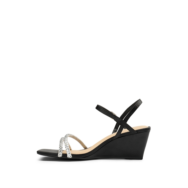  Square Toe Rhinestone Wedge Sandals - BLACK SATIN - 2