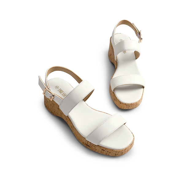 Buckle Strap Platform Wedge Sandals - WHITE PU - 4