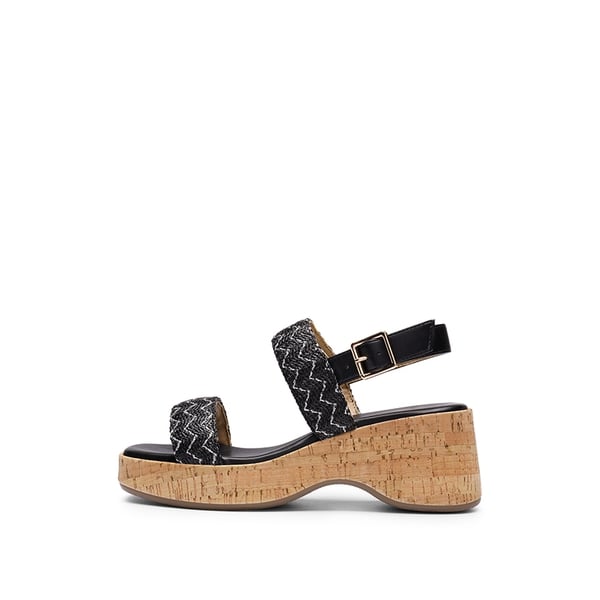Buckle Strap Platform Wedge Sandals - BLACK RAFFIA - 2