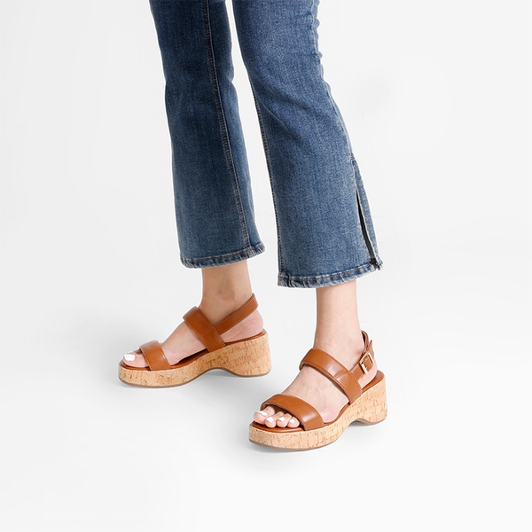 Buckle Strap Platform Wedge Sandals - BROWN PU - 1