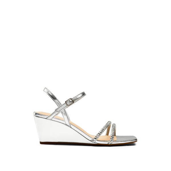  Square Toe Rhinestone Wedge Sandals - SILVER PU - 1
