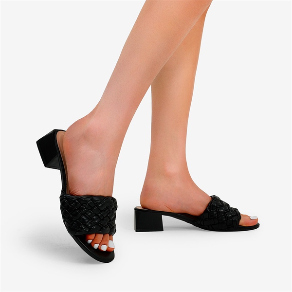 Braided Low Block Heel Slides Sandals - BLACK - 1