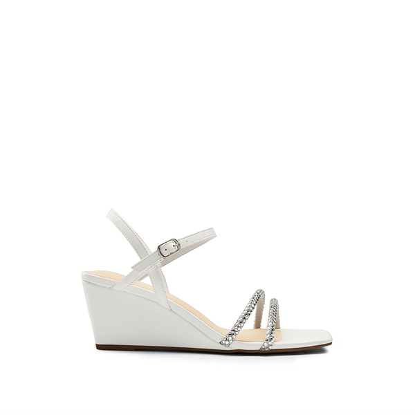  Square Toe Rhinestone Wedge Sandals - WHITE PU - 1