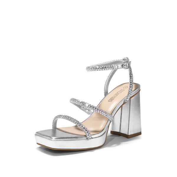 Strappy Chunky Heel Platform Rhinestone Sandals  - SILVER -  0