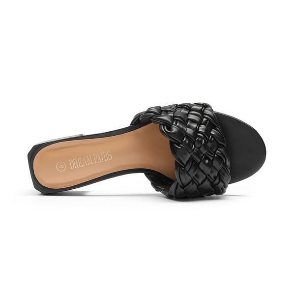 Braided Low Block Heel Slides Sandals - BLACK - 4