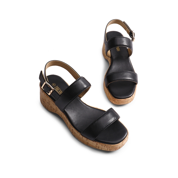 Buckle Strap Platform Wedge Sandals - BLACK PU - 4