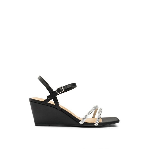  Square Toe Rhinestone Wedge Sandals - BLACK SATIN - 1