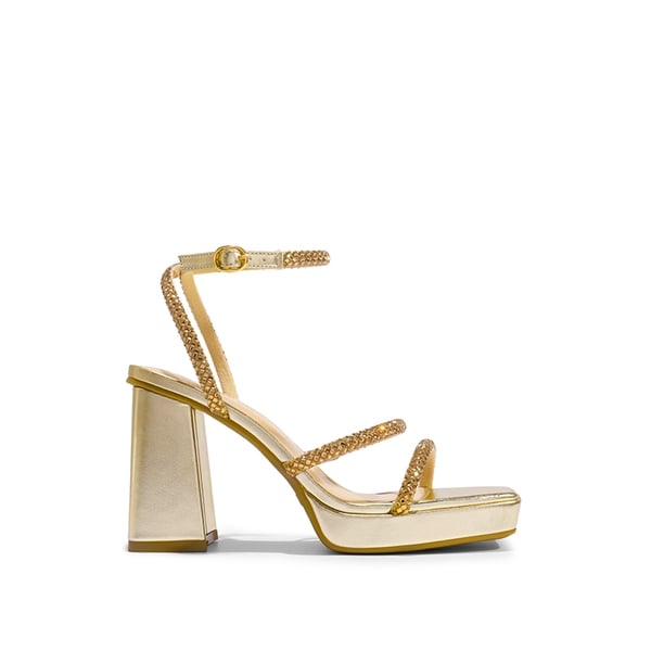 Strappy Chunky Heel Platform Rhinestone Sandals  - GOLD - 2