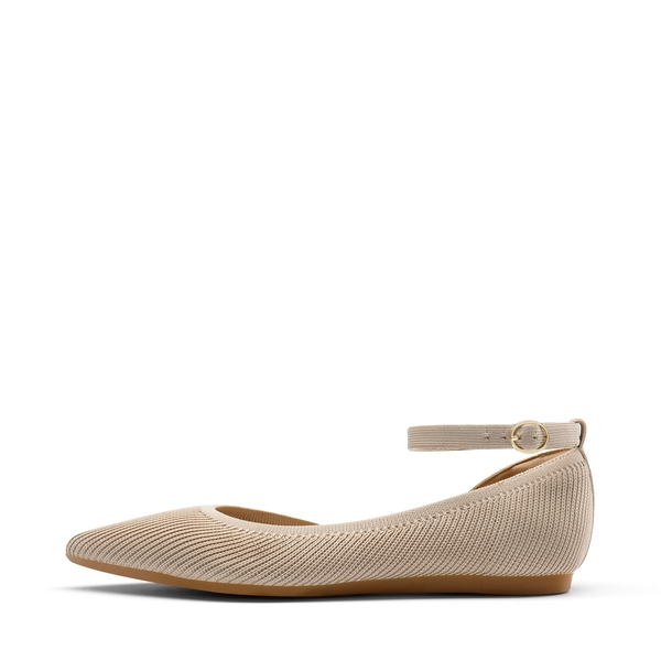 Knit Pointed Toe Ankle Strap Flats - NUDE - 2