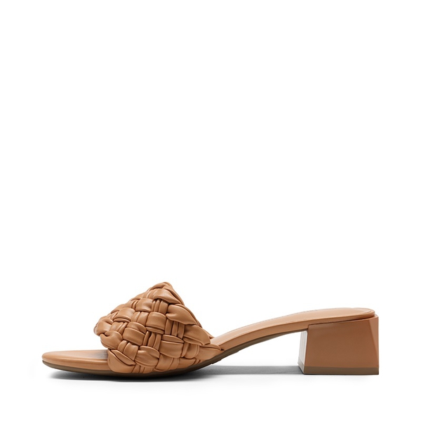 Braided Low Block Heel Slides Sandals - BROWN - 3