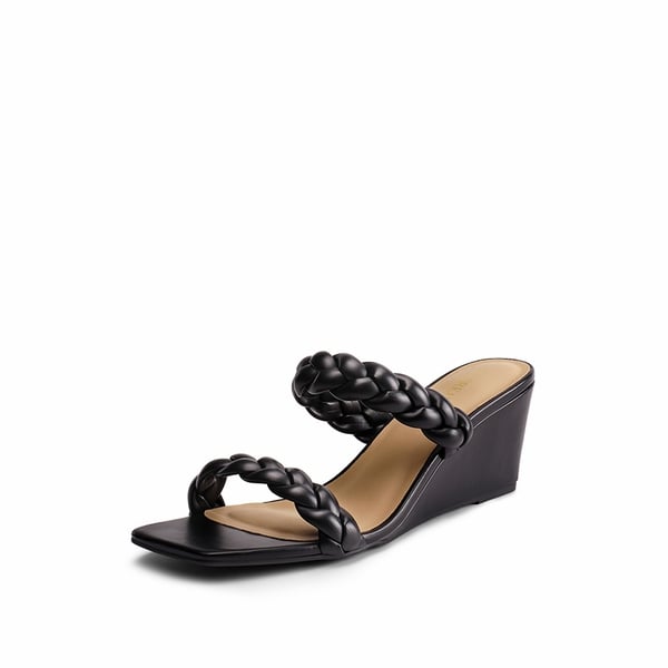 Braided Straps Square Toe Wedge Sandals - BLACK -  0